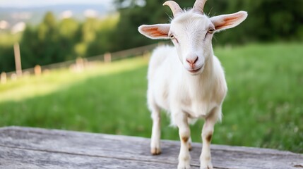 A white goat stands on a wooden table in a grassy field. The goat is looking at the camera with a curious expression. Concept of calm and peacefulness