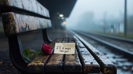 A heartfelt message on a damp bench, accompanied by a single red rose, all set against a misty train station backdrop.