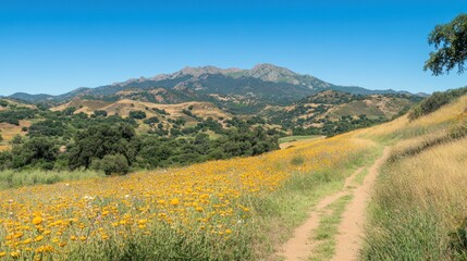 Mountain trail wildflowers bloom sunny day landscape