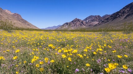 Fototapeta premium Mountain Valley Wildflower Meadow Abundant Yellow Blooms