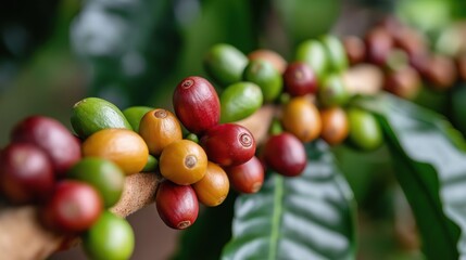 Obraz premium A bunch of green and red fruit hanging from a tree. The fruit is ripe and ready to be picked