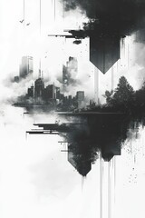Obraz premium Ethereal cityscape, mirrored reflection, urban dreamscape