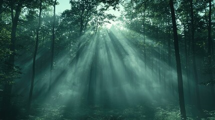 Obraz premium Sunbeams pierce a misty green forest scene
