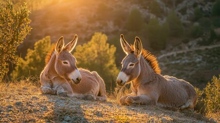 Obraz premium Warm Hillside With Resting Donkeys
