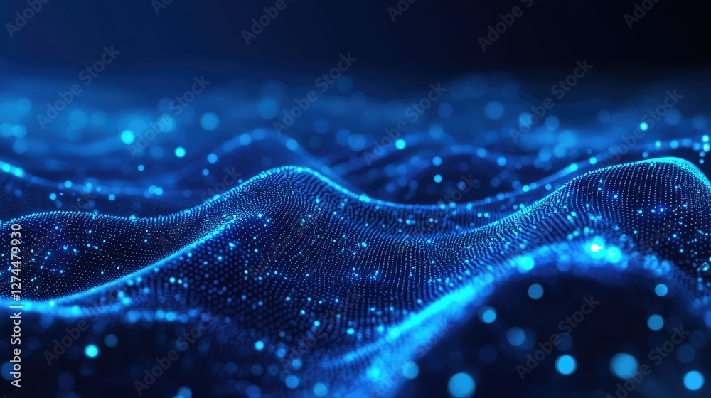 Poster abstract digital wave with glowing blue particles forming a futuristic landscape. ideal for technolo