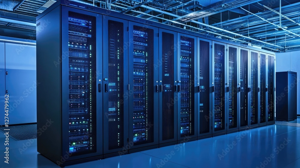 Poster Modern data center with illuminated server racks and advanced infrastructure, creating a high-tech environment. Ideal for cybersecurity, cloud computing, and IT solutions
