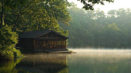 Obraz premium Lakeside Cabin Morning Mist Scenic View