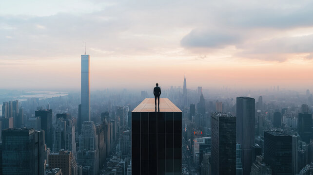 A man stands on a ledge in the middle of a city, looking out over the skyline. The sky is cloudy and the sun is setting, creating a moody atmosphere. The city below is bustling with activity