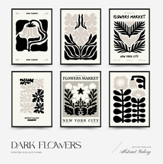 Abstract dark floral posters template. Modern trendy Matisse minimal style. Black and white colors. Hand drawn design for wallpaper, wall decor, print, postcard, cover, template, banner.