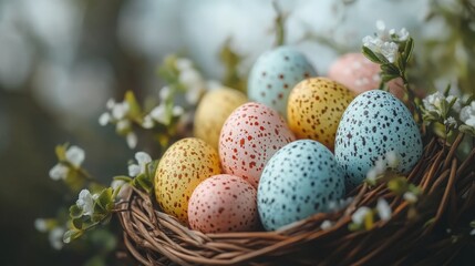 Fototapeta premium A close-up shot of intricately painted Easter eggs in a woven basket, set against a soft, natural background.