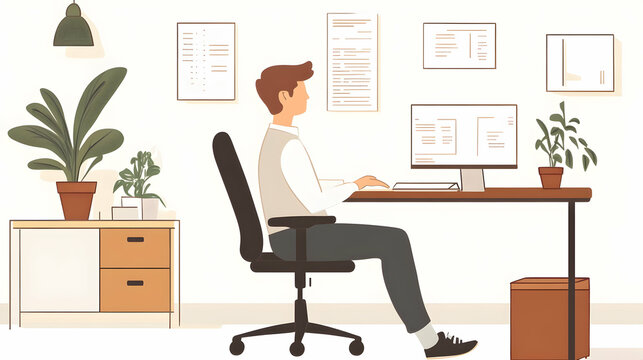 Bright and organized office space with a worker sitting on an ergonomic chair practicing good posture