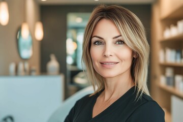 Obraz premium Portrait of a smiling woman in a modern aesthetic salon. Concept of a professional skincare specialist. Soft-focus background creates a cozy atmosphere. AI-generated.