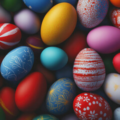 Fototapeta premium Colorful Easter eggs piled together for a festive celebration