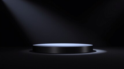 A black pedestal illuminated by a single spotlight in a dark room.