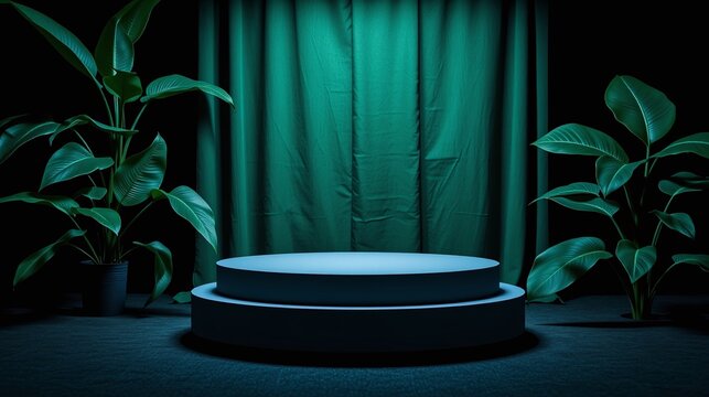 A sophisticated presentation stage illuminated with a soft, ethereal light, accentuated by lush green foliage.