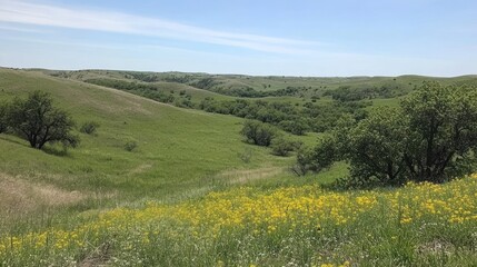 Rolling Green Hills Landscape With Yellow Wildflowers