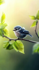 Obraz premium Fluffy baby bluebird chirps on a branch in soft golden sunlight