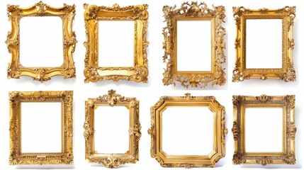 Elegant collection of ornate gold frames, each with unique details, displayed on a clean white background
