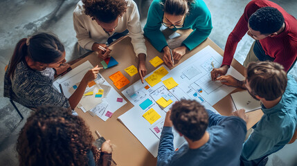 Top view of a diverse team of members gathered around a table, with a flowchart and sticky notes displayed
