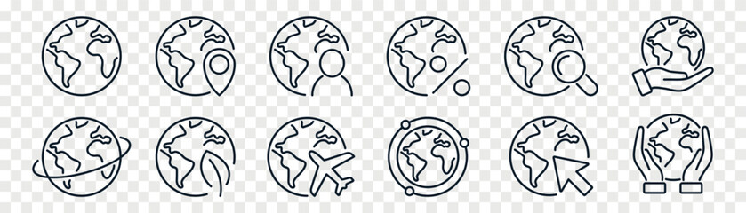 Globe and planet related outline icons set isolated on PNG background © Kovalova Ivanna