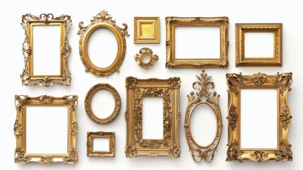 Elegant collection of ornate gold frames, each with unique details, displayed on a clean white background