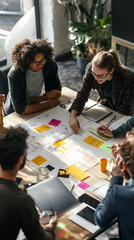 Top view of a diverse team of members gathered around a table, with a flowchart and sticky notes displayed
