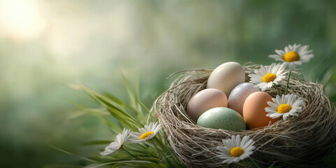 Obraz premium Colorful Easter eggs nestled in a bird's nest surrounded by daisy flowers