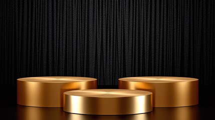 Golden pedestals stand against a dark, textured backdrop.
