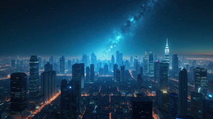 Fototapeta premium Futuristic Nightscape: Towering Skyscrapers and Stars