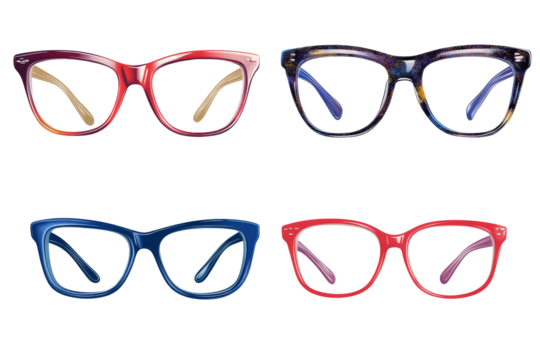 Set of four drawings of glasses in different colors. Transparent background