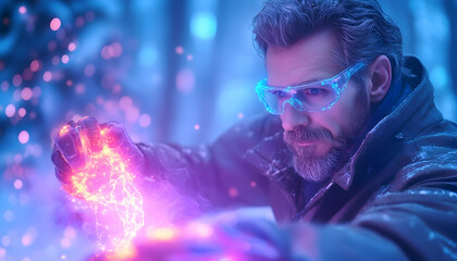 Man with glowing energy in snowy forest. Possible use Stock photo for science fiction, fantasy, or magic themes