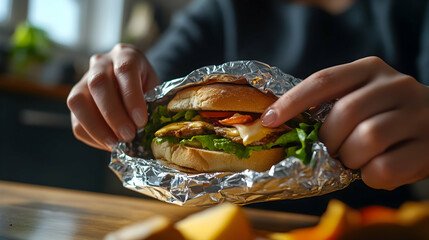 Close-up of hands wrapping a delicious sandwich in aluminum foil, ready for a lunch break in a contemporary kitchen setting