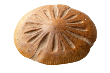 An intricately patterned sea urchin shell resting gracefully on a smooth white surface isolated on transparent background
