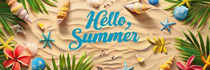 Tropical palm leaves, seashells and starfish with the inscription "Hello summer" on a sandy background create a vibrant summer theme.
