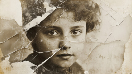 Vintage torn photograph of a young girl’s face, cracked aged portrait, nostalgic historical aesthetic.