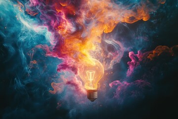 Naklejka premium Light bulb glowing with colorful smoke, creative idea concept