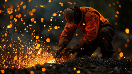 blacksmith working with metal, sparks flying around