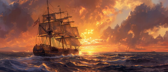 A combat sailing frigate with a dark hull and gold_001