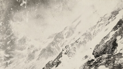 Vintage black and white photograph of snow-covered mountains with steep rocky slopes and rugged terrain