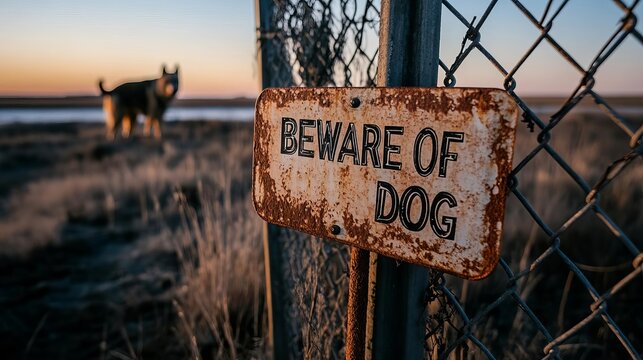 A rustic Beware of Dog sign hangs on a fence, with a silhouetted dog in the background during sunset, creating a dramatic and eerie ambiance.