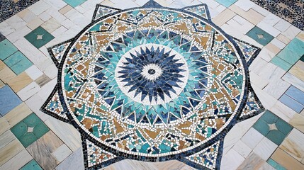 Fototapeta premium Intricate Mosaic Floor Design: A Stunning Mandala in Teal, Blue, and Beige
