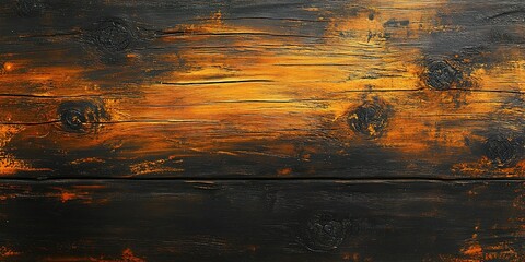 Textured wooden surface with deep black and vibrant orange hues in a rustic design