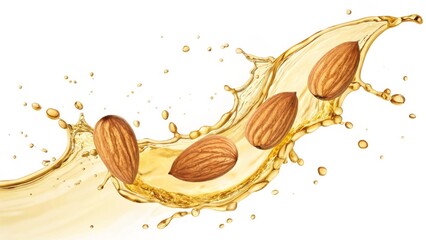 Almonds in Golden Oil Splash Composition Photography, Food Image, Healthy Concept Almond oil, healthy fats