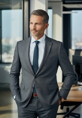 Fototapeta premium Confident businessman in a tailored suit standing in a modern office