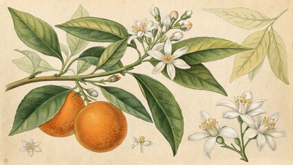 Botanical Illustration Orange Tree with Blossoms and Fruit, Watercolor, Vintage, Floral Botanical Illustration, Citrus