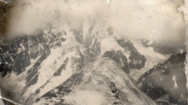 Vintage black and white photograph of snow-covered mountain peaks with rugged slopes and deep valleys