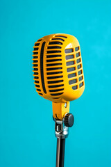 Fototapeta premium Captivating yellow microphone on a bright blue background perfect for music, podcasting, and broadcasting enthusiasts