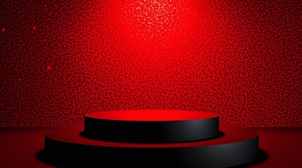 A black platform, illuminated from above, against a vivid red background.