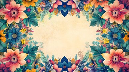 Colorful mandala frame with floral patterns and decorations. Spiritual growth concept. Copy space. Generative AI