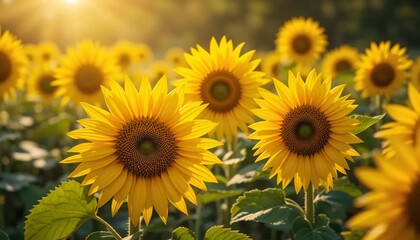 Fototapeta premium Sunflowers in Full Bloom with Bright Yellow Petals and Dark Centers in a Sunlit Field